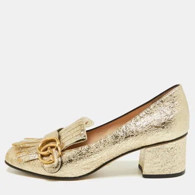 Pre-owned Gucci Gg Marmont Size 38 Gold Foil Leather Block Heel Pumps