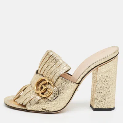 Pre-owned Gucci Gg Marmont Size 38 Gold Foil Leather Mules
