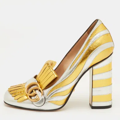 Pre-owned Gucci Gg Marmont Size 38 Silver/gold Fringed Leather Block Heel Pumps