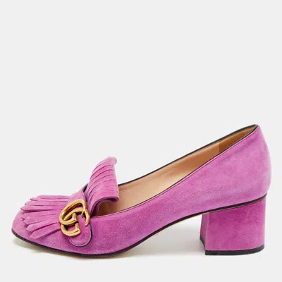 Pre-owned Gucci Gg Marmont Size 39 Purple Suede Fringe Block Heel Pumps