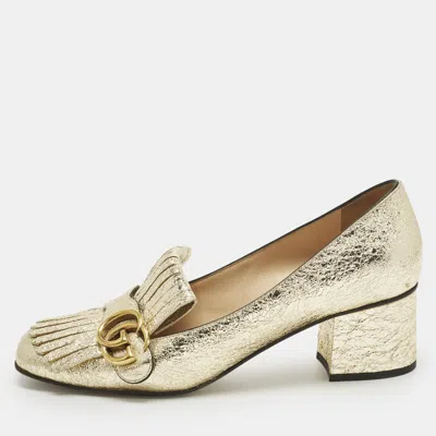 Pre-owned Gucci Gg Marmont Size 39.5 Gold Foil Leather Fringe Block Heel Pumps