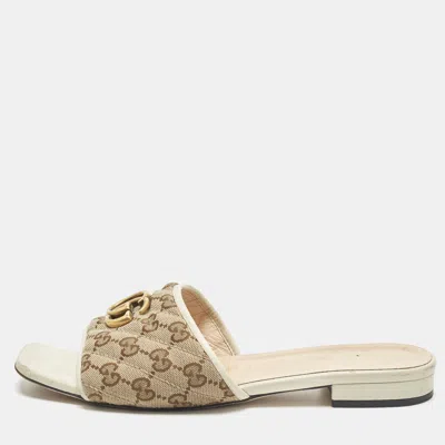 Pre-owned Gucci Gg Marmont Size 40 Beige Canvas Flat Slide In Sand