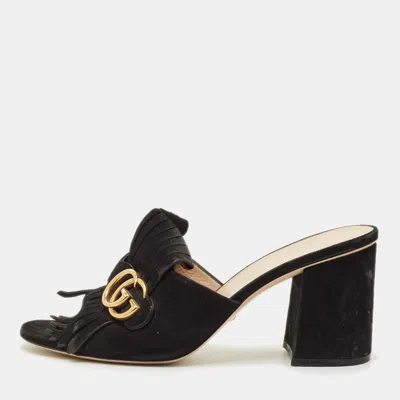 Pre-owned Gucci Gg Marmont Size 40 Black Suede Slide Sandals
