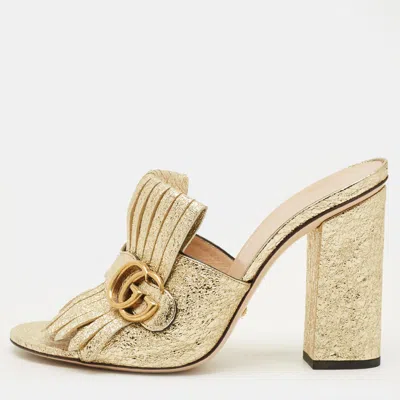 Pre-owned Gucci Gg Marmont Size 40.5 Gold Foil Leather Slide Sandals