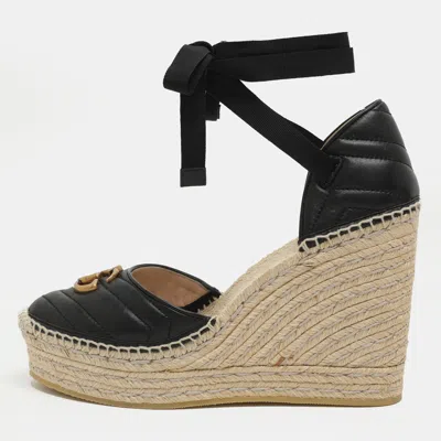 Pre-owned Gucci Gg Marmont Size 41 Black Leather Wedge Espadrille Ankle Wrap Pumps