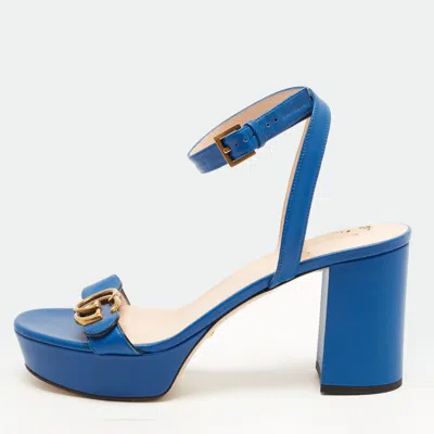 Pre-owned Gucci Gg Marmont Size 41 Blue Leather Ankle Strap Platform Sandals