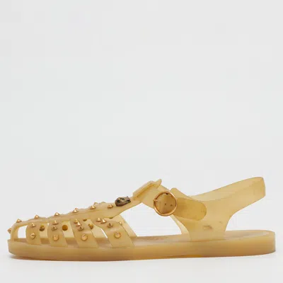 Pre-owned Gucci Gg Marmont Size 46 Cream Rubber Studded Slingback Flats Sandals In White