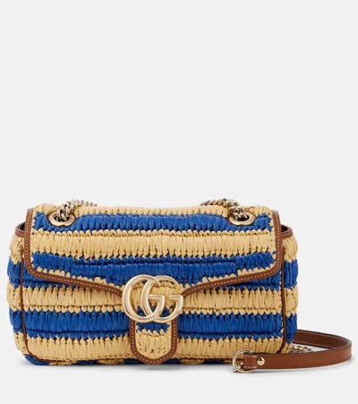 Gucci Gg Marmont Small Raffia Shoulder Bag In Blue