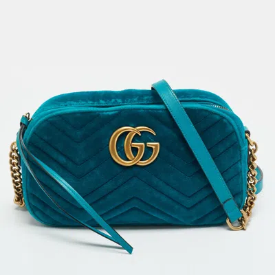 Pre-owned Gucci Gg Marmont Small Teal Matelassé Velvet Camera Bag In Green
