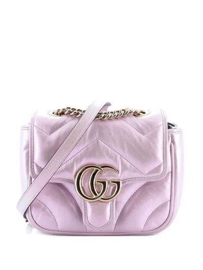 Pre-owned Gucci Gg Marmont Square Flap Bag Chevron Iridescent Leather Mini Shoulder Bag In Pink