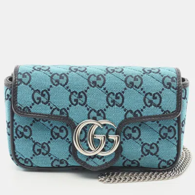 Pre-owned Gucci Gg Marmont Super Mini Bag Chain Shoulder Bag Canvas Leather Blue Black
