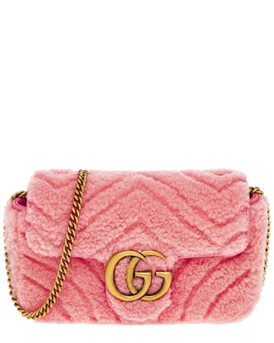 Gucci Gg Marmont Super Mini Shearling & Leather Shoulder Bag In Pink