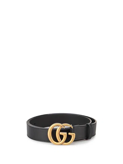 Gucci Leather Belt With Double G Buckle In Nero