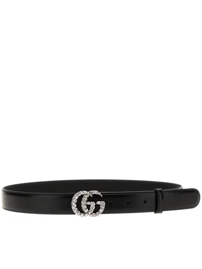 Gucci Gg Marmont Thin Belt With Crystals In Black