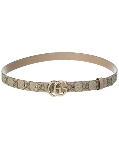 Gucci Gg Marmont Thin Reversible Gg Supreme Canvas & Leather Belt In Brown