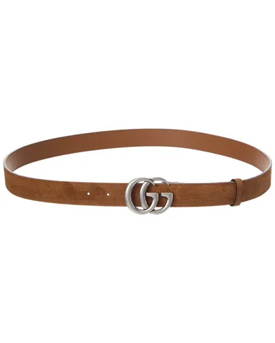 Gucci Gg Marmont Suede Belt With Metal Logoed Buckle In Brown