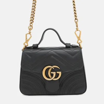 Pre-owned Gucci Gg Marmont Top Handle Bag Black Leather Size Small