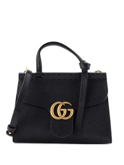 Pre-owned Gucci Gg Marmont Top Handle Bag Leather Mini Satchel In Black