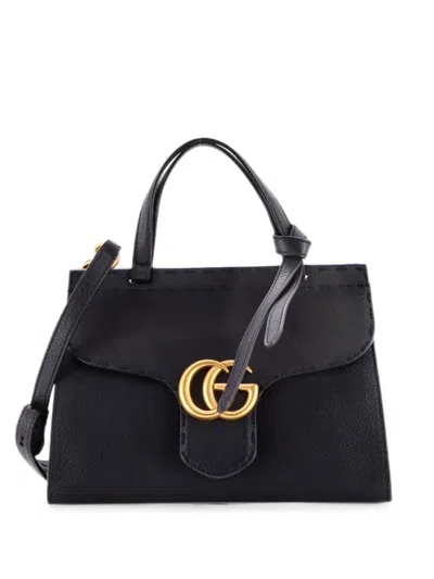 Pre-owned Gucci Gg Marmont Top Handle Bag Leather Mini Satchel In Black