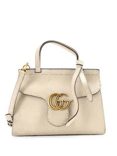 Pre-owned Gucci Gg Marmont Top Handle Bag Leather Mini Satchel In Neutral