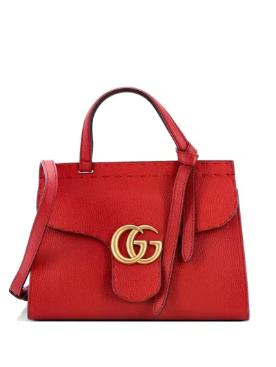 Pre-owned Gucci Gg Marmont Top Handle Bag Leather Mini Satchel In Red