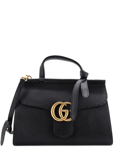 Pre-owned Gucci Gg Marmont Top Handle Bag Leather Small Satchel In Black