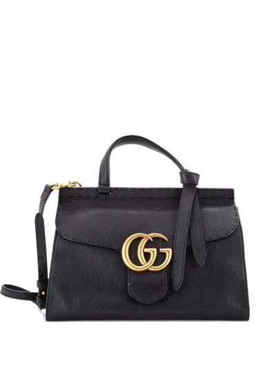 Pre-owned Gucci Gg Marmont Top Handle Bag Leather Small Satchel In Black