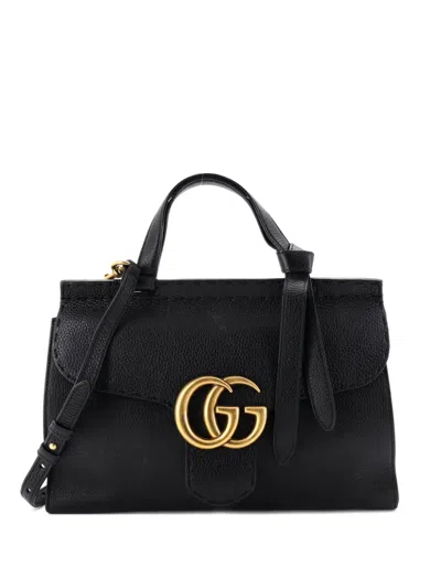 Pre-owned Gucci Gg Marmont Top Handle Bag Leather Small Satchel In Black