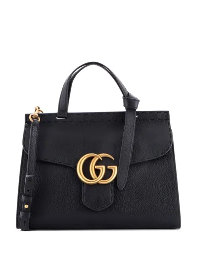 Pre-owned Gucci Gg Marmont Top Handle Bag Leather Small Satchel In Black