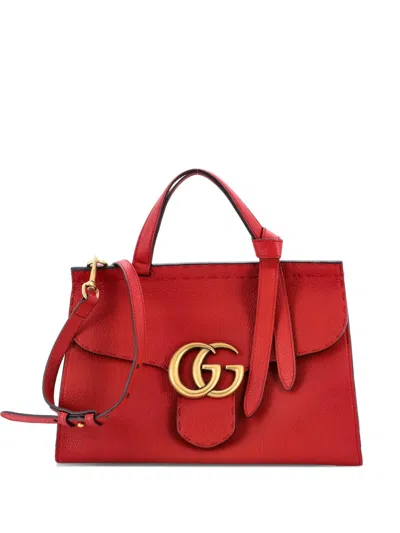 Pre-owned Gucci Gg Marmont Top Handle Bag Leather Small Satchel In Red