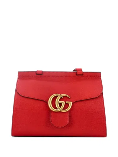 Pre-owned Gucci Gg Marmont Top Handle Bag Leather Small Satchel In Red