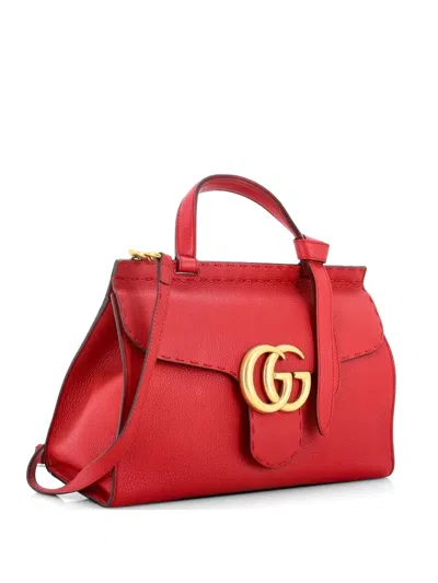 Pre-owned Gucci Gg Marmont Top Handle Bag Leather Small Satchel In Red