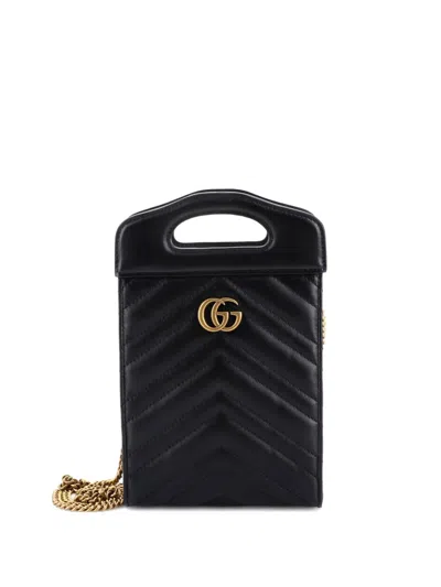 Pre-owned Gucci Gg Marmont Top Handle Convertible Chain Tote Matelasse Leather Mini Crossbody Bag In Black
