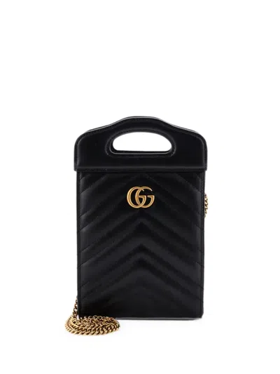 Pre-owned Gucci Gg Marmont Top Handle Convertible Chain Tote Matelasse Leather Mini Crossbody Bag In Black
