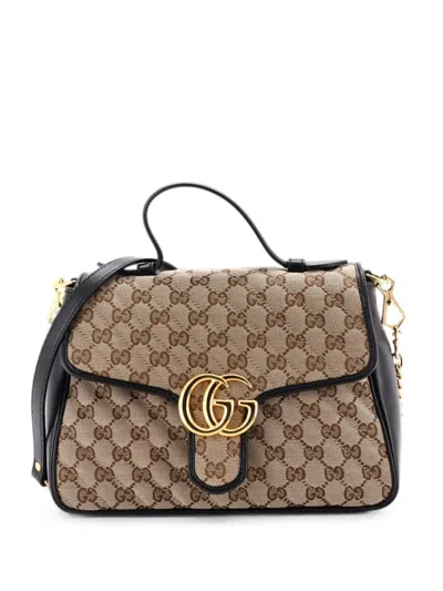 Pre-owned Gucci Gg Marmont Top Handle Flap Bag Diagonal Quilted Gg Canvas With Leather Small Satchel In Black