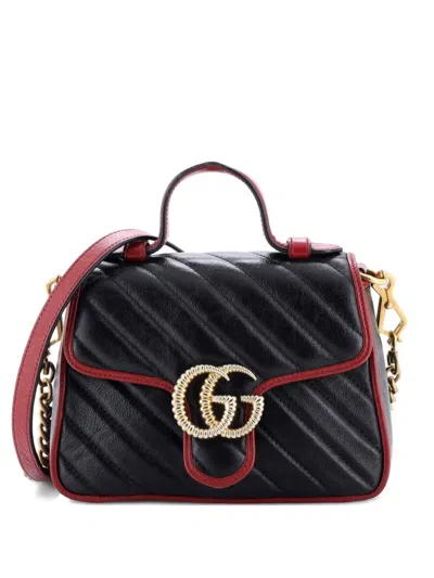 Pre-owned Gucci Gg Marmont Top Handle Flap Bag Diagonal Quilted Leather Mini Satchel In Black