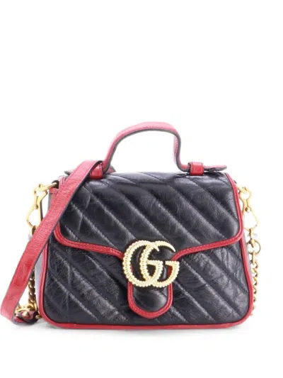 Pre-owned Gucci Gg Marmont Top Handle Flap Bag Diagonal Quilted Leather Mini Satchel In Black