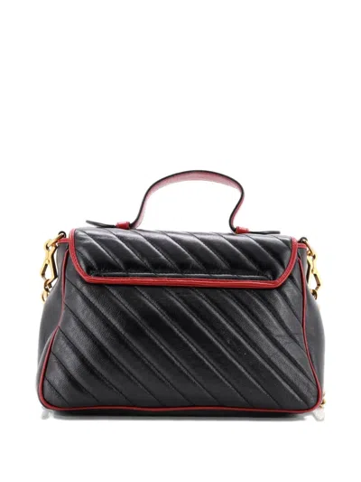 Pre-owned Gucci Gg Marmont Top Handle Flap Bag Diagonal Quilted Leather Small Satchel In Black