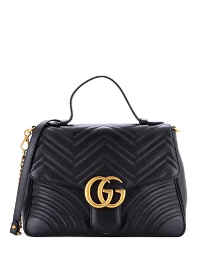 Pre-owned Gucci Gg Marmont Top Handle Flap Bag Matelasse Leather Medium Satchel In Black