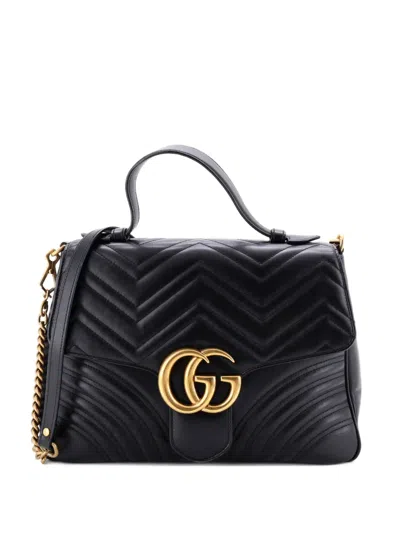 Pre-owned Gucci Gg Marmont Top Handle Flap Bag Matelasse Leather Medium Satchel In Black