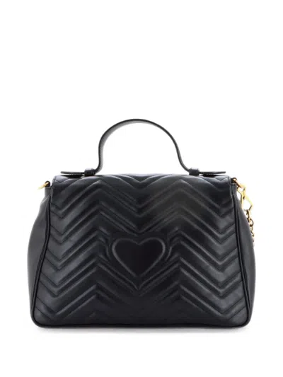 Pre-owned Gucci Gg Marmont Top Handle Flap Bag Matelasse Leather Medium Satchel In Black