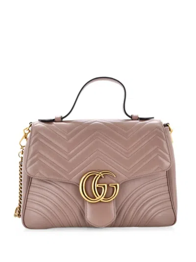 Pre-owned Gucci Gg Marmont Top Handle Flap Bag Matelasse Leather Medium Satchel In Neutrals