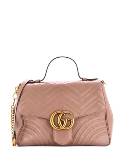 Pre-owned Gucci Gg Marmont Top Handle Flap Bag Matelasse Leather Medium Satchel In Neutrals