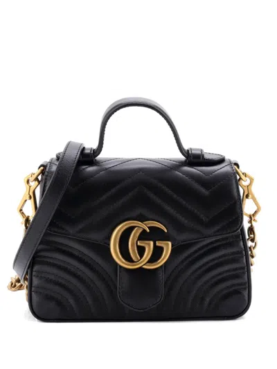 Pre-owned Gucci Gg Marmont Top Handle Flap Bag Matelasse Leather Mini Satchel In Black