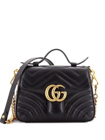 Pre-owned Gucci Gg Marmont Top Handle Flap Bag Matelasse Leather Mini Satchel In Black