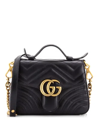 Pre-owned Gucci Gg Marmont Top Handle Flap Bag Matelasse Leather Mini Satchel In Black