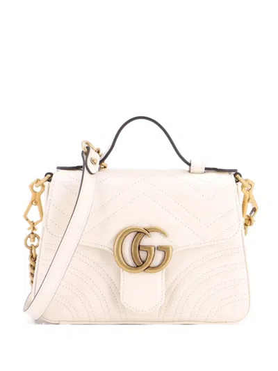 Pre-owned Gucci Gg Marmont Top Handle Flap Bag Matelasse Leather Mini Satchel In Neutral