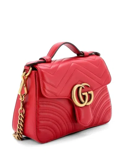 Pre-owned Gucci Gg Marmont Top Handle Flap Bag Matelasse Leather Mini Satchel In Red