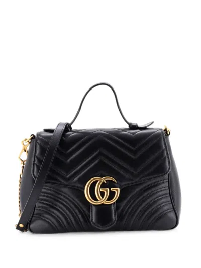 Pre-owned Gucci Ggマーモント トップハンドル フラップ マトラッセ レザー スモール サッチェルバッグ In ブラック