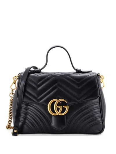 Pre-owned Gucci Gg Marmont Top Handle Flap Bag Matelasse Leather Small Satchel In Black